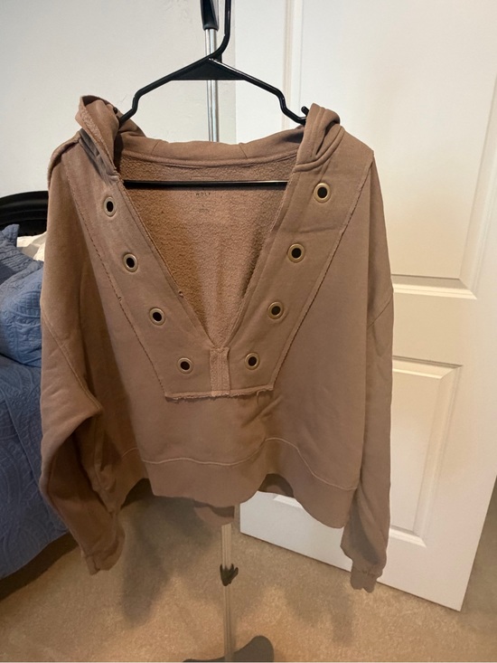 Cleo + Wolf Sweaters - Women's Brown V-Neck Hooded Sweatshirt with Grommet Detail